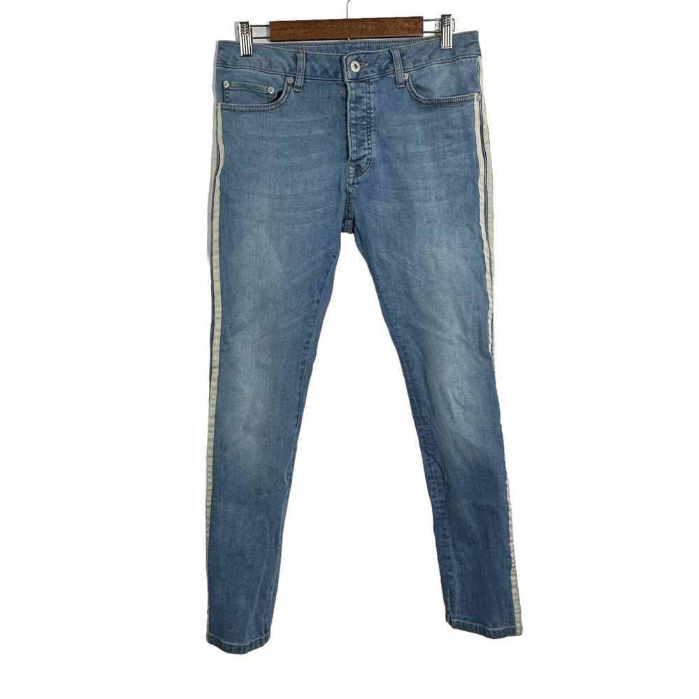TOPMAN Womens Light Wash Ecru Side Taping Jeans Button Fly Stretch 32 x 30